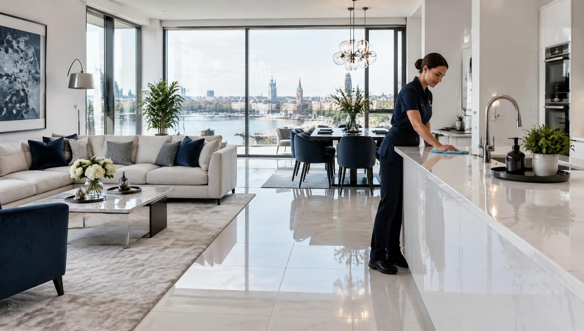 Professional cleaner working in a bright, modern Hull home